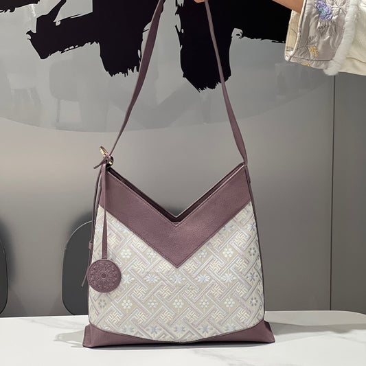 Guangxi Zhuang Brocade  Top-Grain Cowhide  Commuter Large Capacity Tote Bag   Single-Shoulder Crossbody Bag