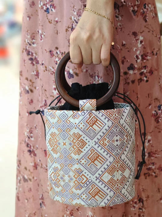 Guangxi Zhuang Brocade Round-Handled Wooden-Handle Bucket Bag