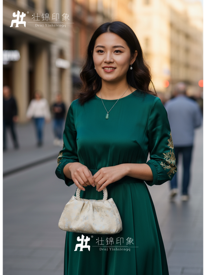 Guangxi Zhuang Brocade Pearl Pleated Handmade Fabric Tote Bag