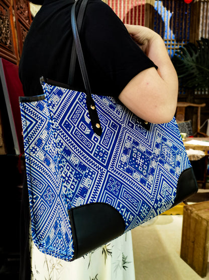 Guangxi Zhuang Brocade Tote Bag with Top-Grain Cowhide Shoulder Strap