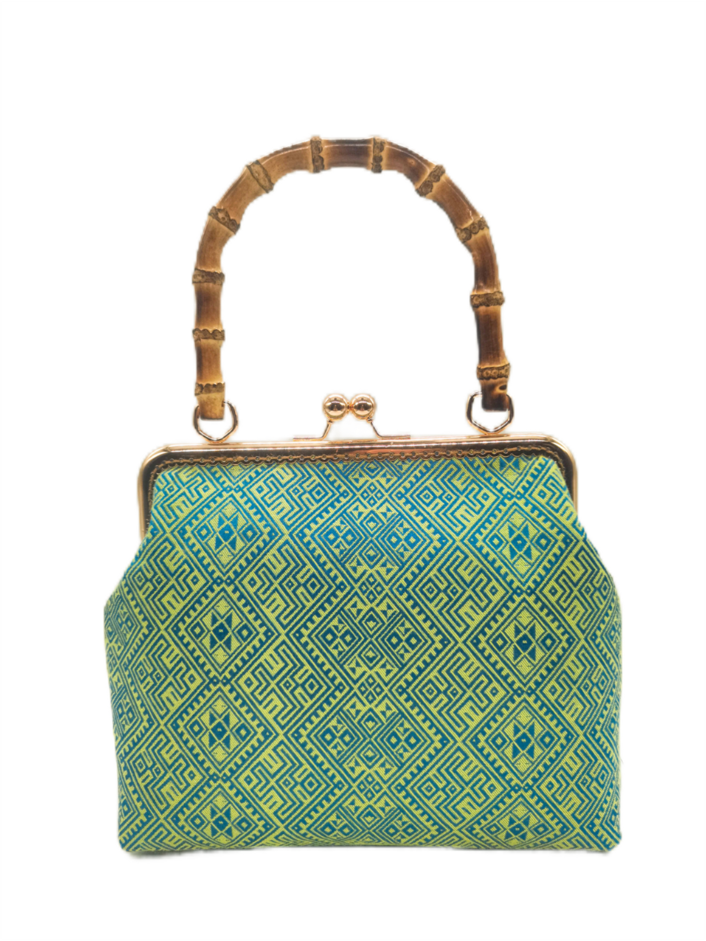 Guangxi Zhuang Brocade Handbag with Gold-Trimmed Bamboo Handle