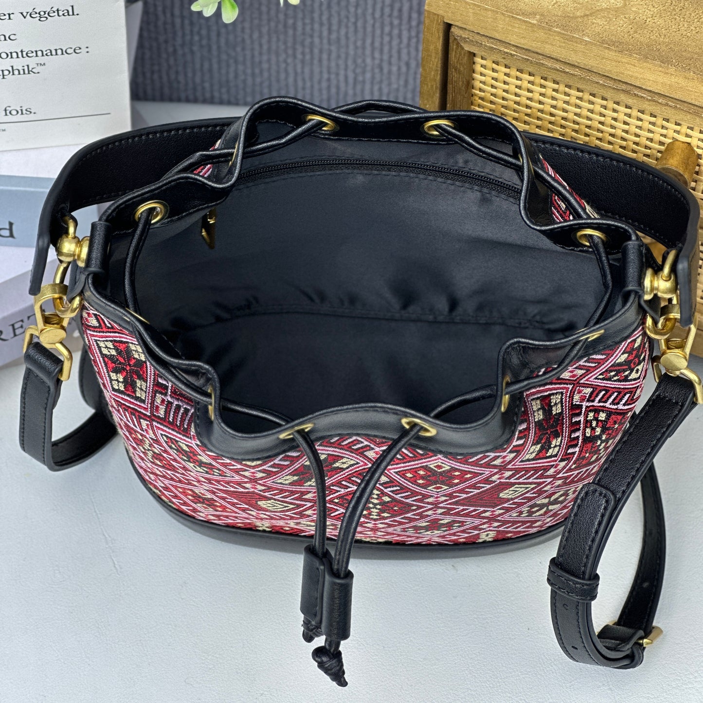 Guangxi Zhuang Brocade Top-Grain Cowhide Red Floral Pattern Clutch Bag Crossbody Bag Handbag