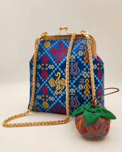 Guangxi Zhuang Brocade Clutch Bag with Smooth Leather Shoulder Strap