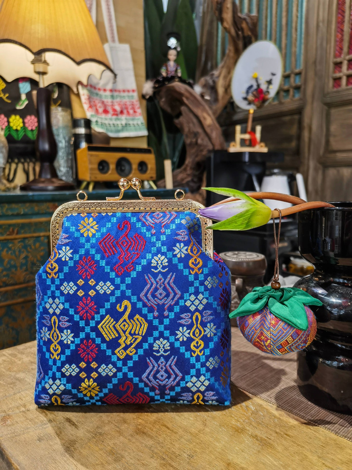 Guangxi Zhuang Brocade Clutch Bag with Smooth Leather Shoulder Strap