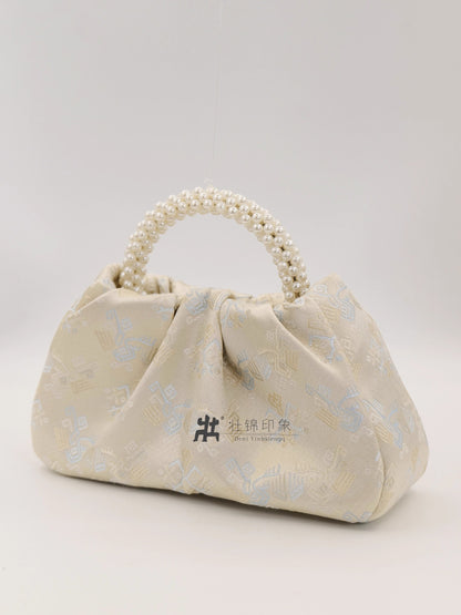 Guangxi Zhuang Brocade Pearl Pleated Handmade Fabric Tote Bag