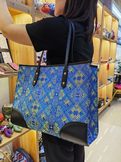 Guangxi Zhuang Brocade Tote Bag with Top-Grain Cowhide Shoulder Strap