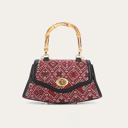 Guangxi Zhuang Brocade Red Floral Pattern Top-Grain Cowhide Leather Genuine Leather Clutch Bag / Crossbody Bag